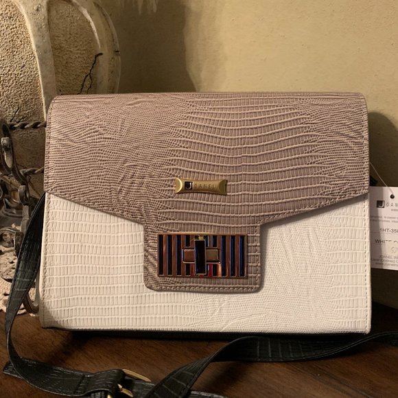 Beautiful Joanel White/Taupe Vegan Leather Embossed Handbag - Picture 13 of 13